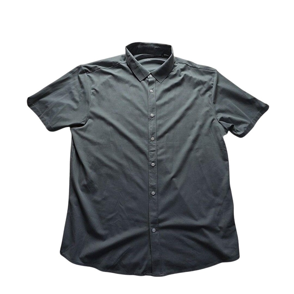 Kenneth Cole Shirt Mens 2XL Green Solid Short Sleeve Stretch Button-Up Casual